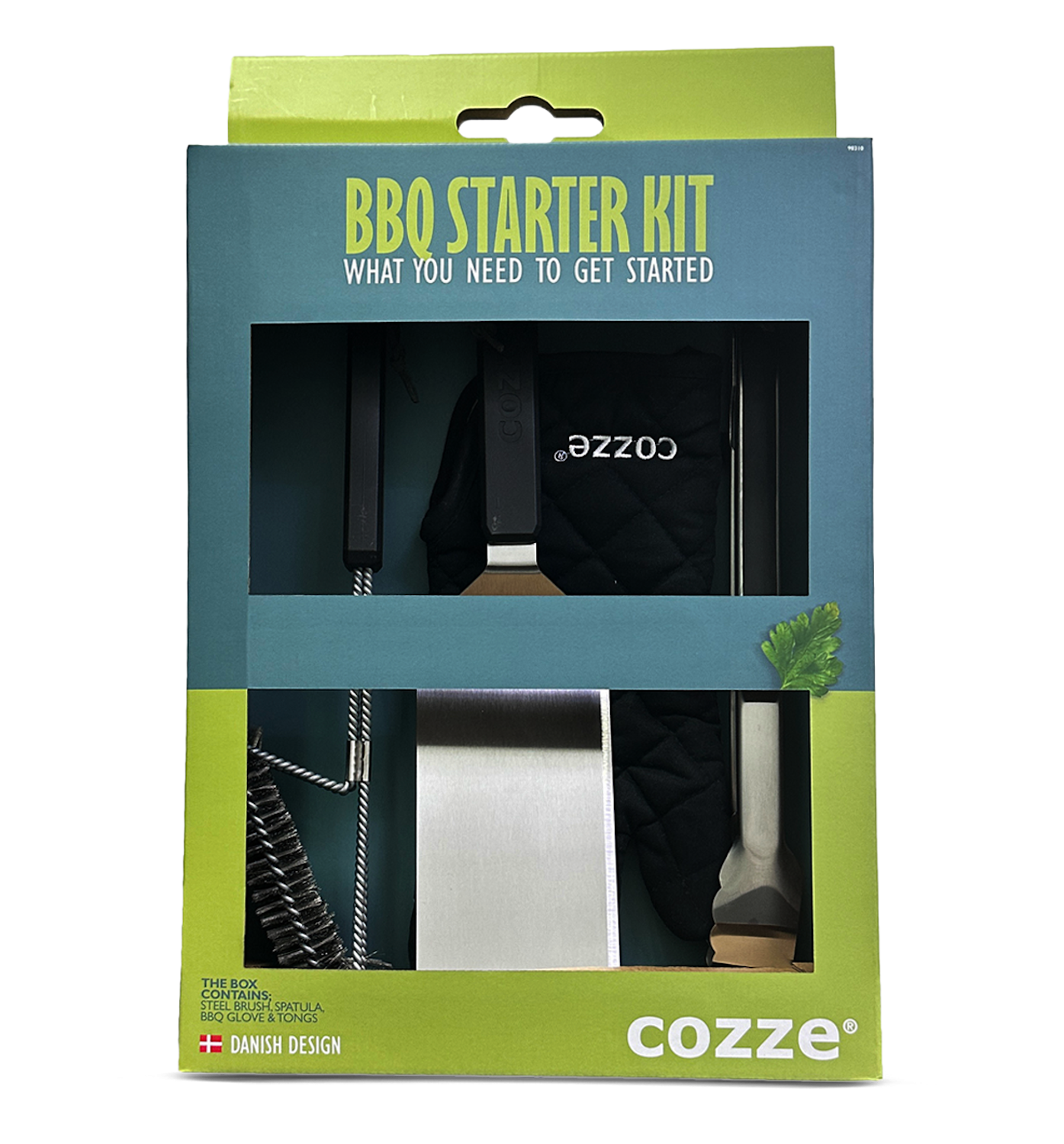 Cozze BBQ Set 4-teilig: Spachtel, Zange, Grillbürste + Hand
